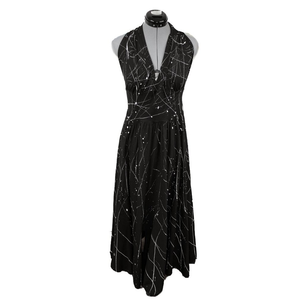 LUNA LUZ Small Black Dress Maxi Halter Paint Splatter Flowy Cotton Whimsigoth